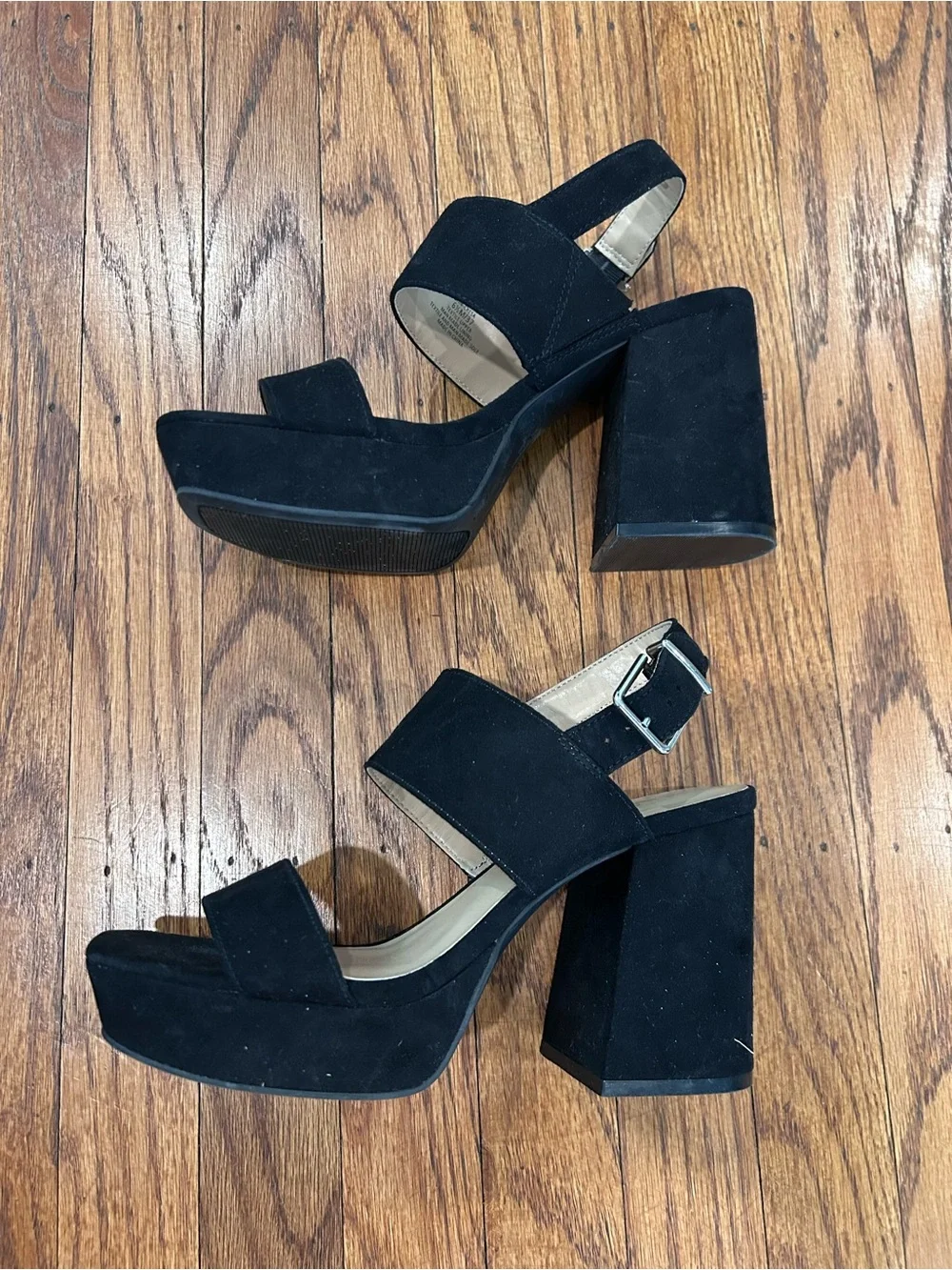 Black Suede Block Heel Sandals with Ankle Strap